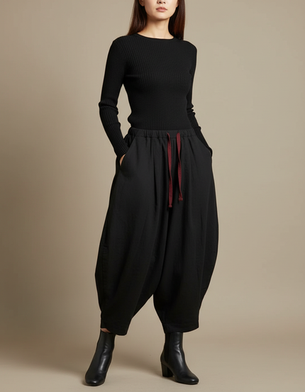 Pantalon Japonais Noir Ample Fluide Cordon Décontracté - Viscose