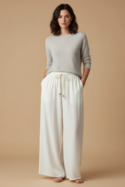 Pantalon Japonais Blanc Fluide Coton Ample Décontracté