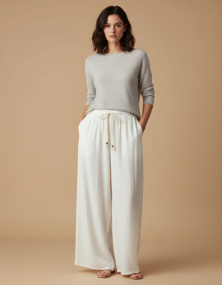 Pantalon Japonais Blanc Fluide Coton Ample Décontracté