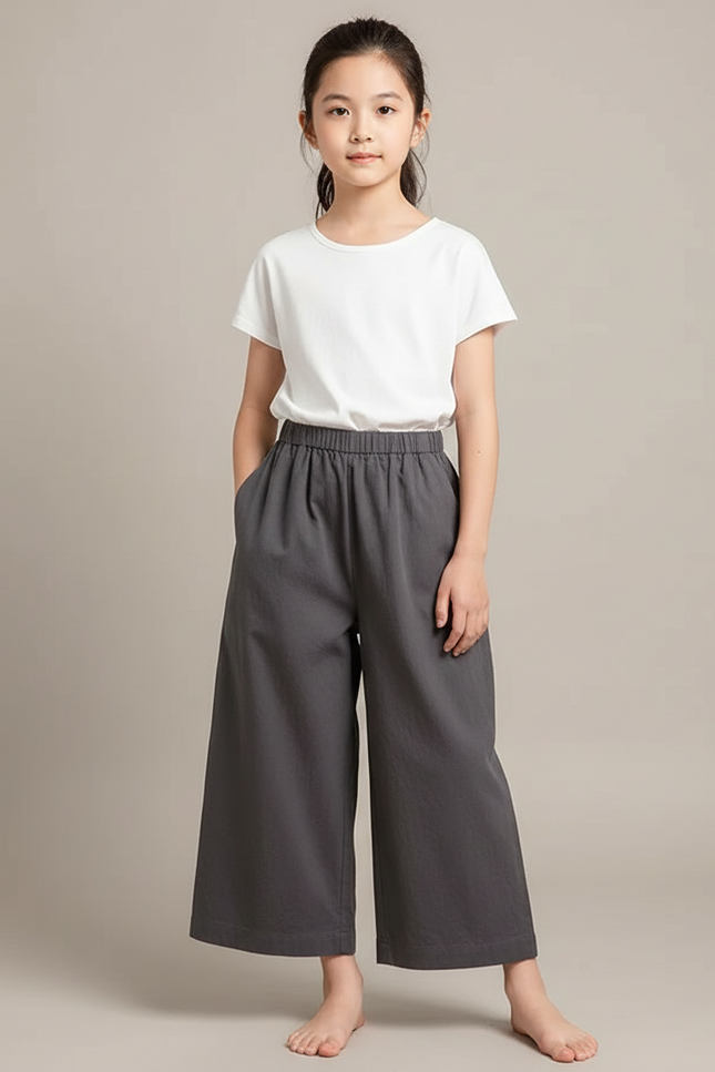 Pantalon Japonais Gris Ample Coton Confortable Fille