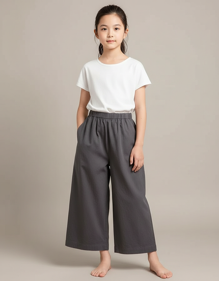 Pantalon Japonais Gris Ample Coton Confortable Fille