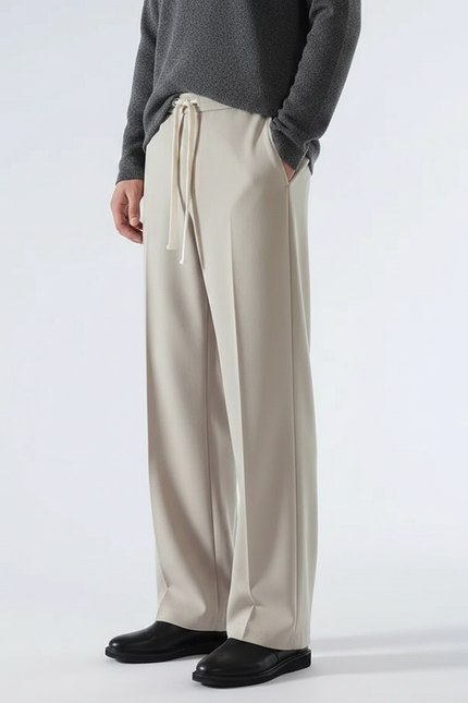 Pantalon Japonais Beige Ample Droit Cordon Fluide - Polyester