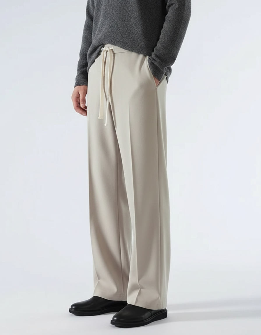 Pantalon Japonais Beige Ample Droit Cordon Fluide - Polyester