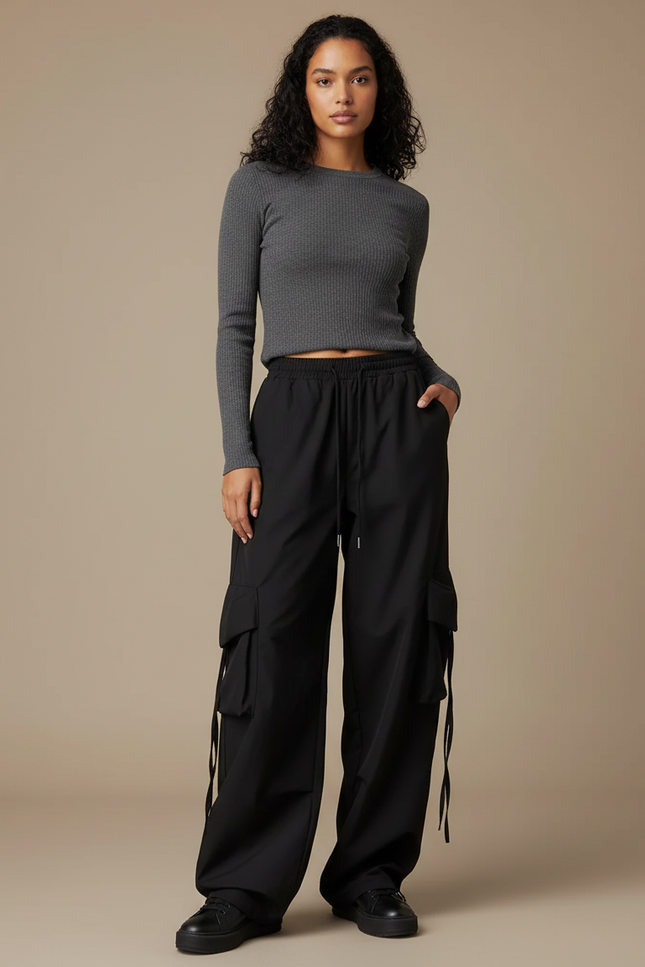 Pantalon Japonais Cargo Noir Ample Cordon Femme - Polyester