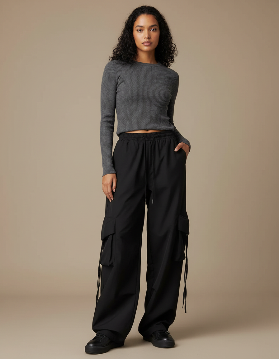 Pantalon Japonais Cargo Noir Ample Cordon Femme - Polyester