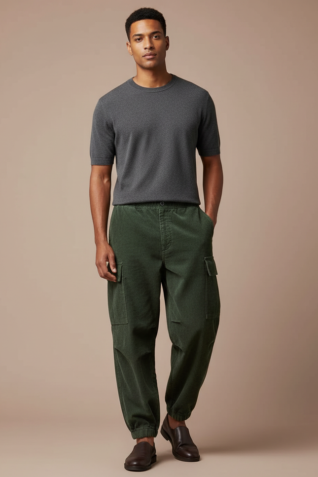 Pantalon Japonais Cargo Vert Côtelé Ample Homme - Cordé