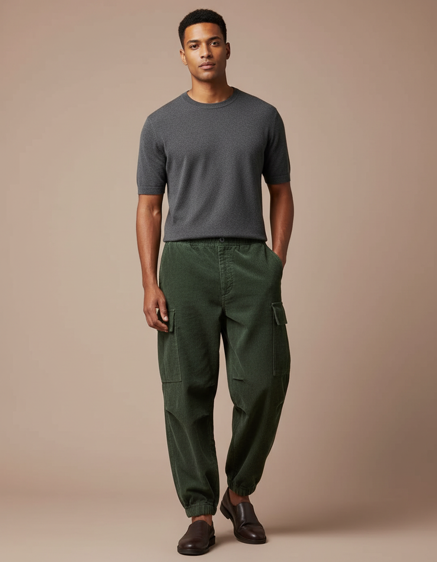 Pantalon Japonais Cargo Vert Côtelé Ample Homme - Cordé