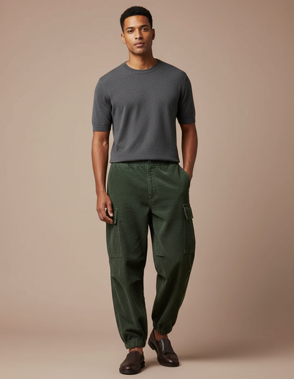 Pantalon Japonais Cargo Vert Côtelé Ample Homme - Cordé