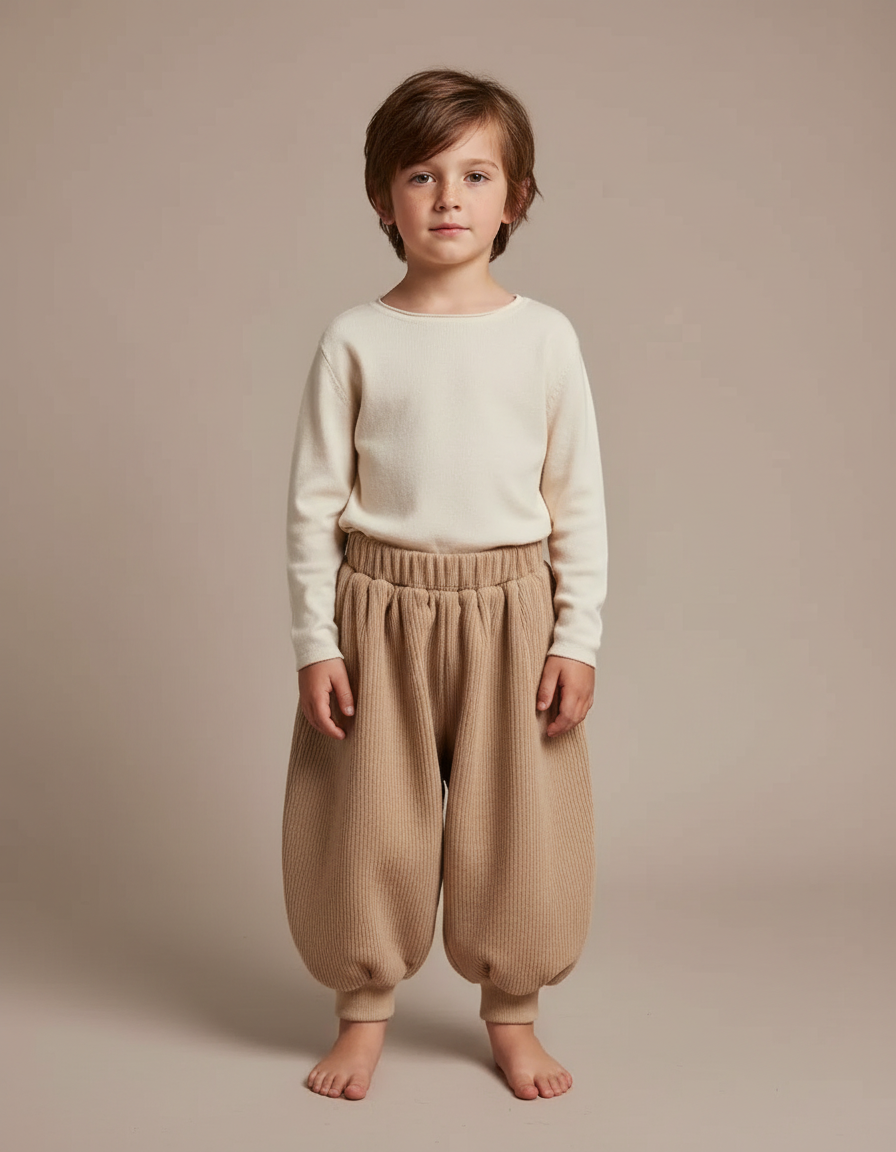 Pantalon Japonais Beige Côtelé Bouffant Confortable Enfant - Maille