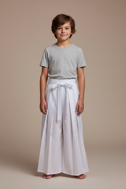 Pantalon Japonais Blanc Plissé Ample Ceinturé Coton Enfant