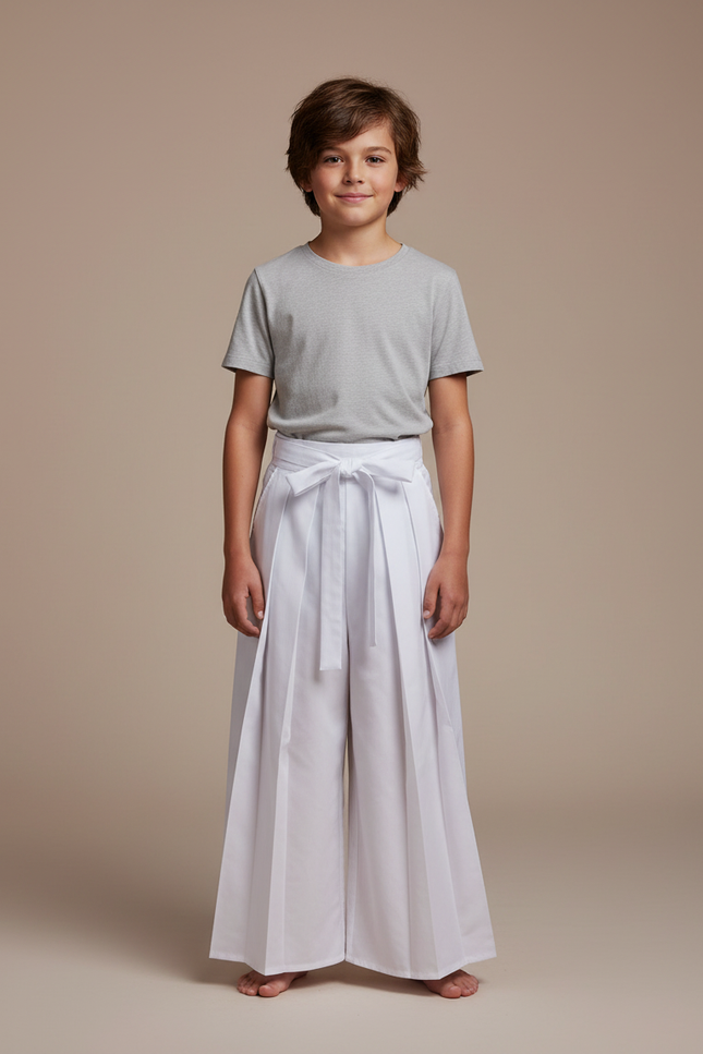 Pantalon Japonais Blanc Plissé Ample Ceinturé Coton Enfant