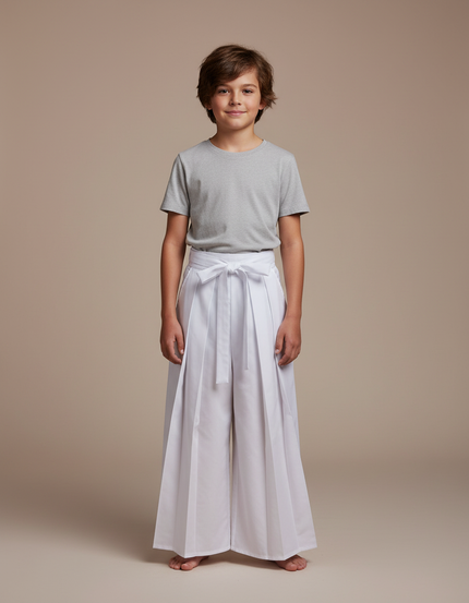 Pantalon Japonais Blanc Plissé Ample Ceinturé Coton Enfant
