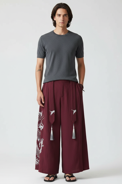 Pantalon Japonais Bordeaux Ample Dragon Tassels Fluide - Lin