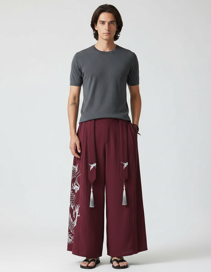 Pantalon Japonais Bordeaux Ample Dragon Tassels Fluide - Lin