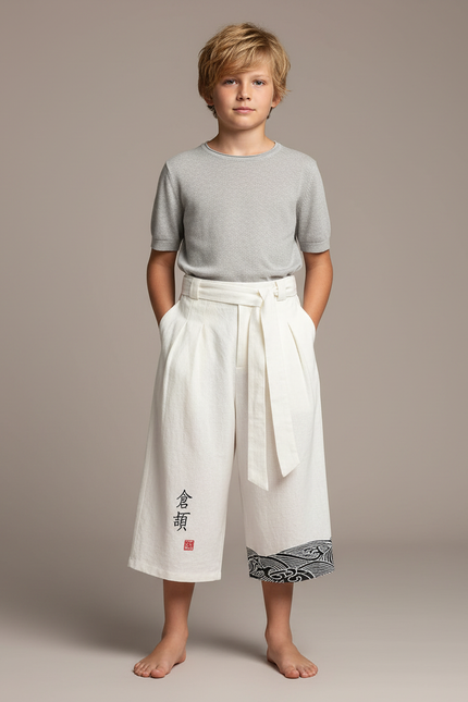 Pantalon Japonais Blanc Ample Lin Ceinturé Motif Vagues