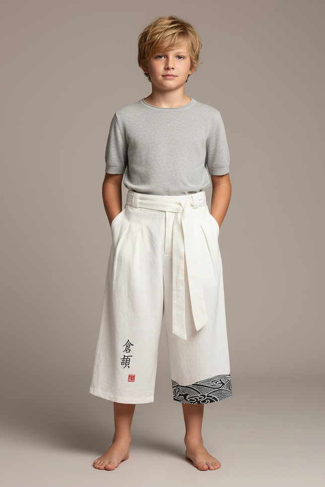 Pantalon Japonais Blanc Ample Lin Ceinturé Motif Vagues