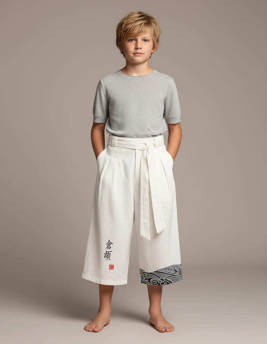 Pantalon Japonais Blanc Ample Lin Ceinturé Motif Vagues