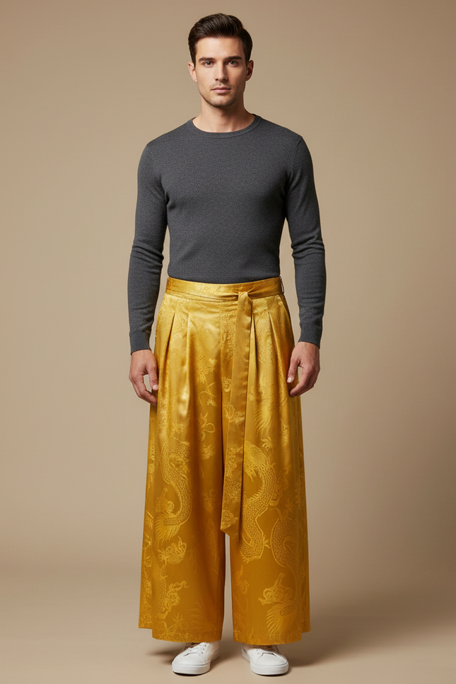 Pantalon Japonais Jaune Satin Dragon Ample Fluide Homme