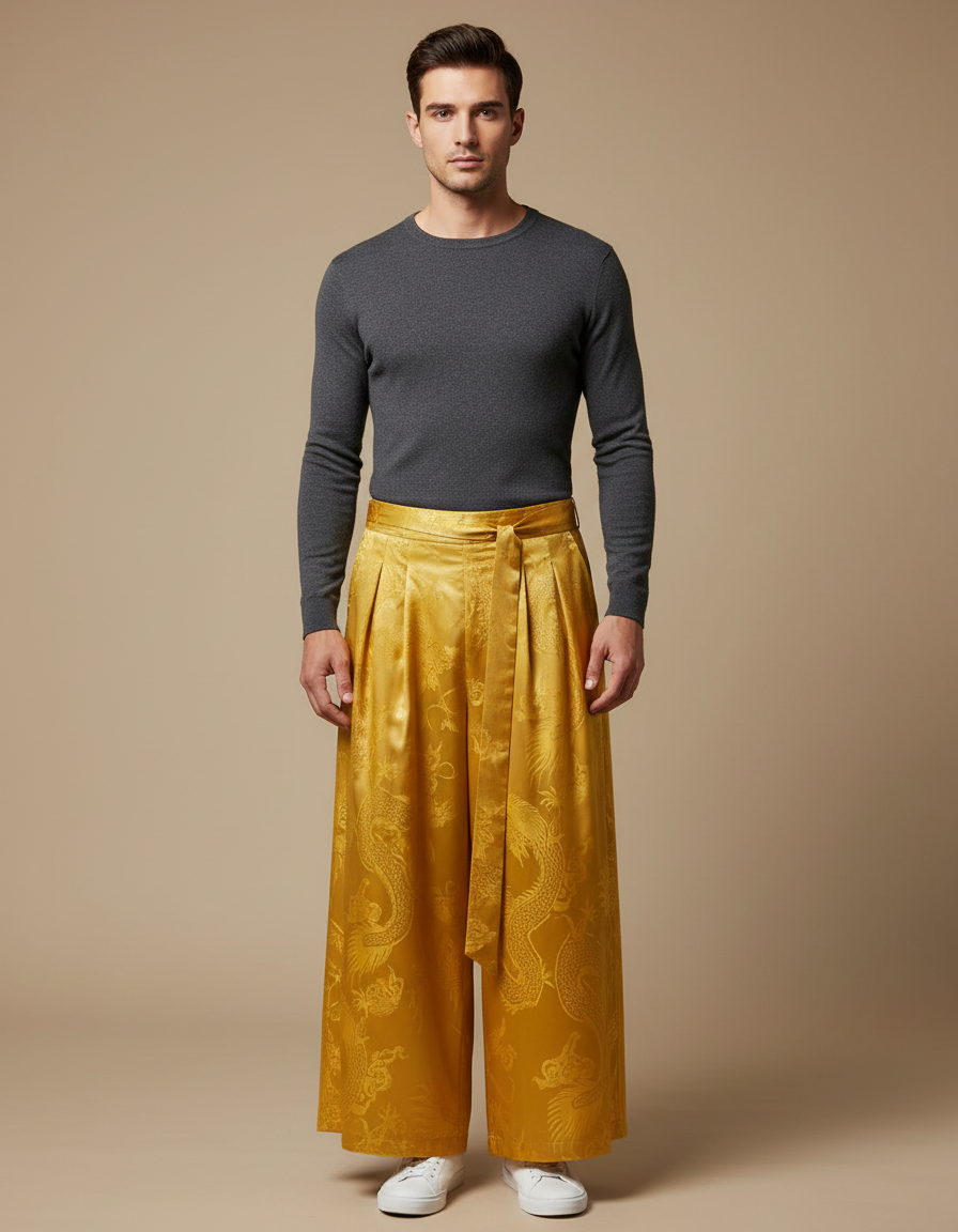 Pantalon Japonais Jaune Satin Dragon Ample Fluide Homme