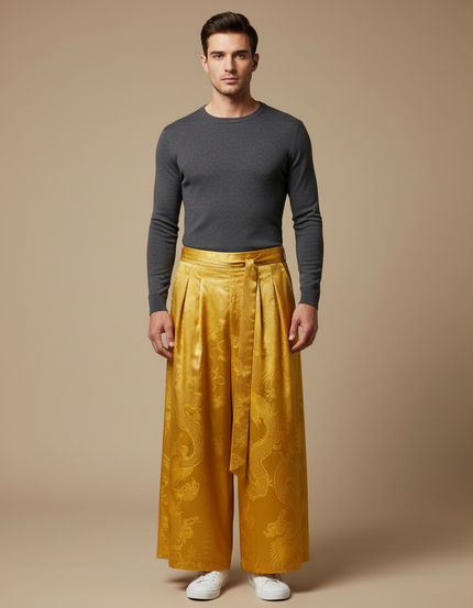 Pantalon Japonais Jaune Satin Dragon Ample Fluide Homme