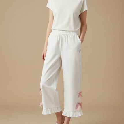 Pantalon Japonais Blanc Large Rubans Lapins Volants - Coton