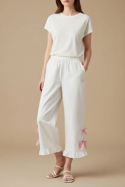 Pantalon Japonais Blanc Large Rubans Lapins Volants - Coton