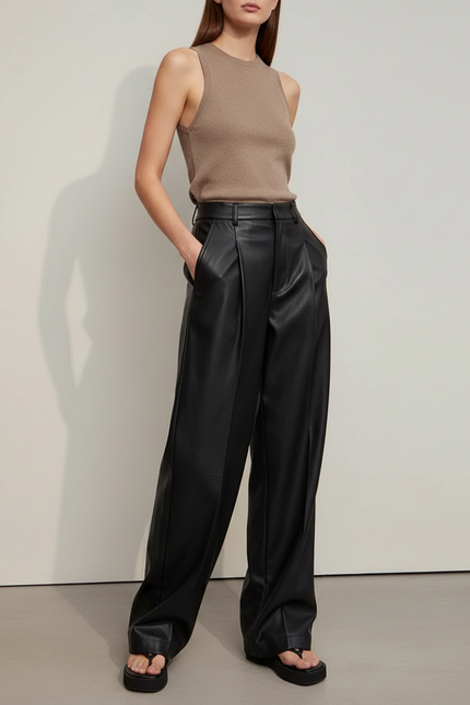 Pantalon Japonais Noir Cuir Ample Élégant Femme - Simili cuir