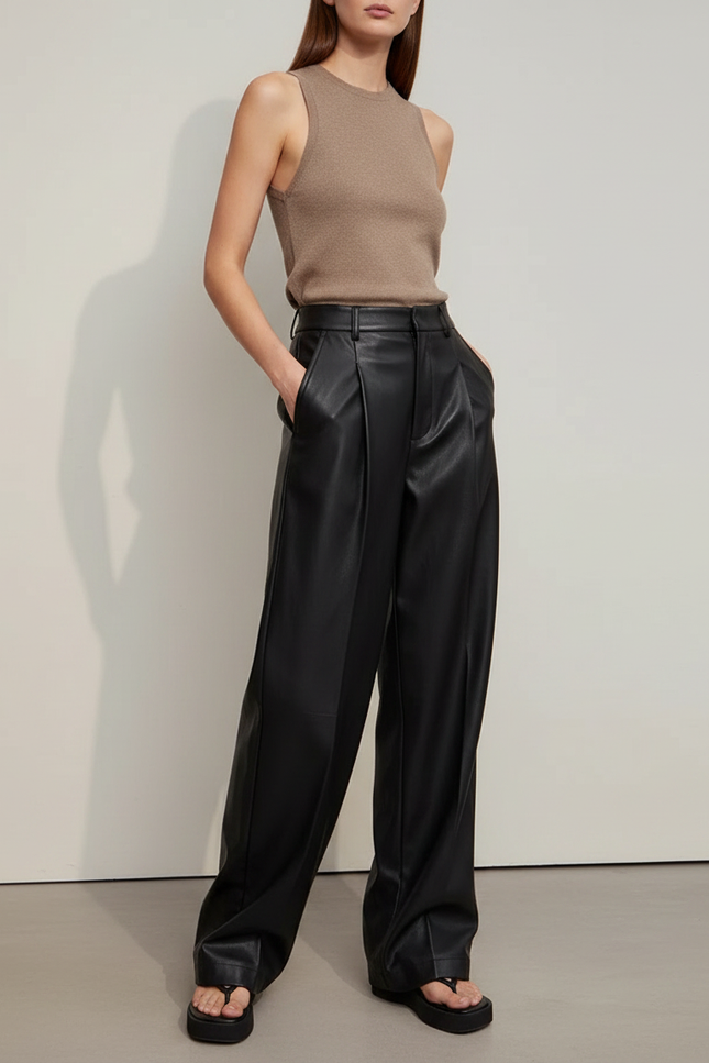 Pantalon Japonais Noir Cuir Ample Élégant Femme - Simili cuir