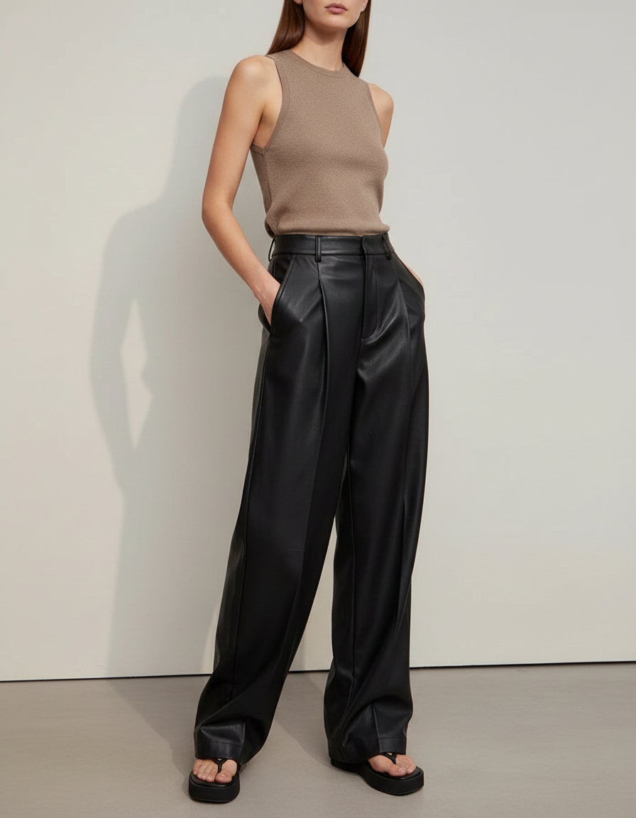 Pantalon Japonais Noir Cuir Ample Élégant Femme - Simili cuir