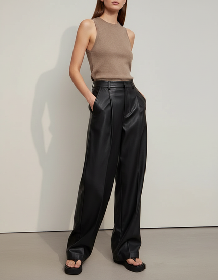 Pantalon Japonais Noir Cuir Ample Élégant Femme - Simili cuir