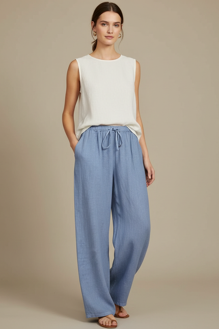 Pantalon Japonais Bleu Lin Ample Cordon Fluide