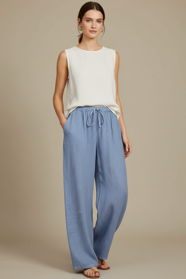 Pantalon Japonais Bleu Lin Ample Cordon Fluide
