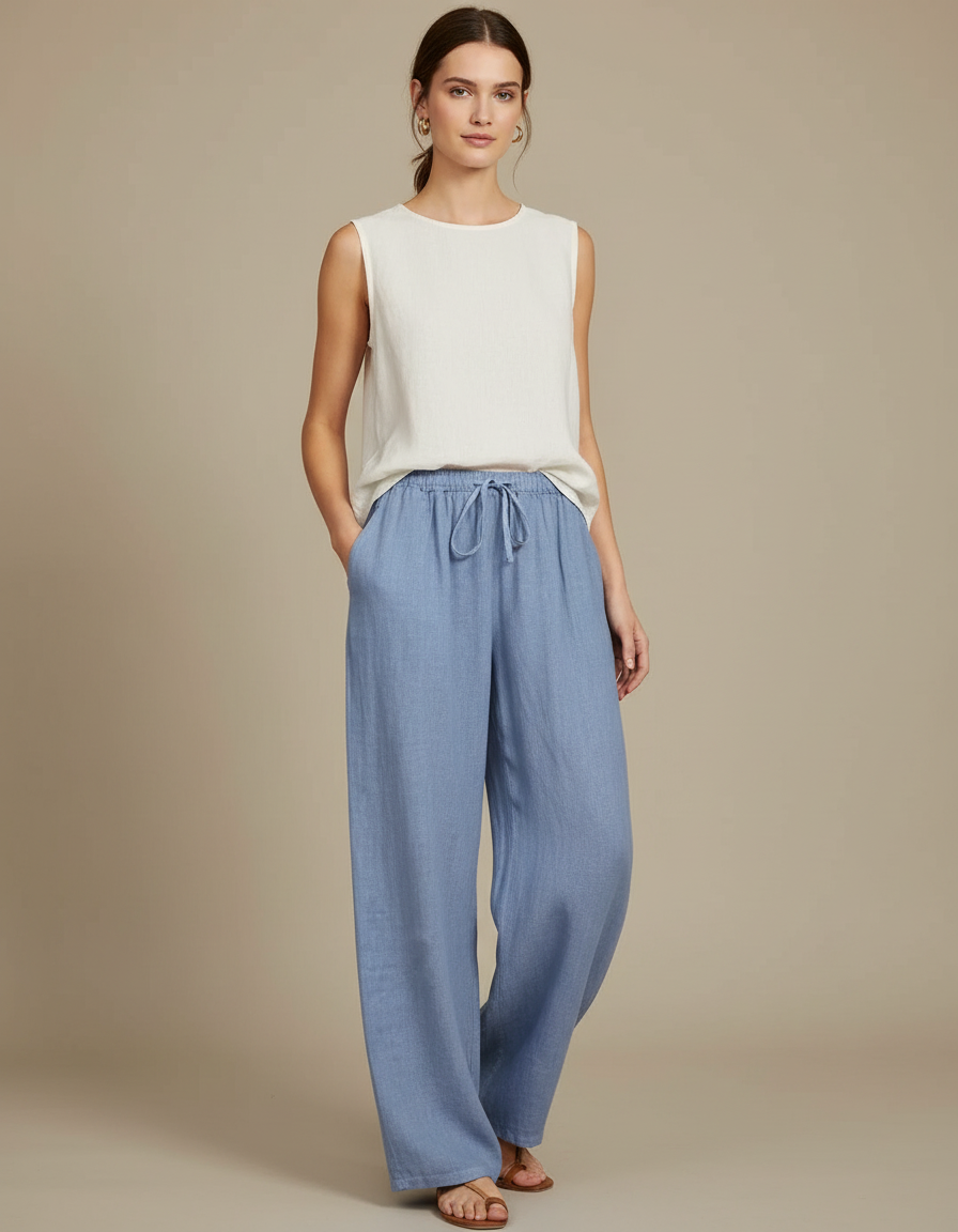 Pantalon Japonais Bleu Lin Ample Cordon Fluide