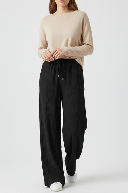 Pantalon Japonais Noir Ample Droit Plissé Décontracté - Viscose