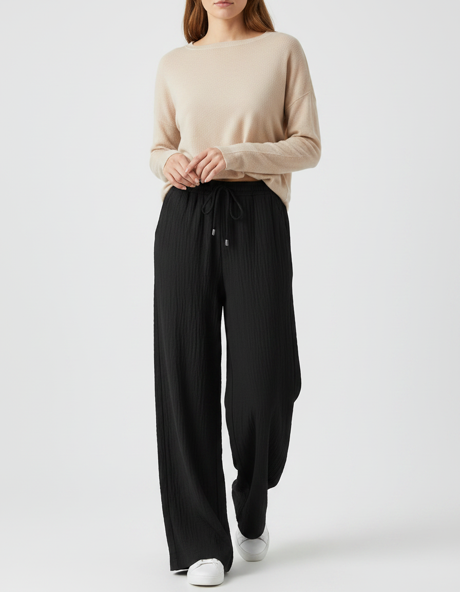 Pantalon Japonais Noir Ample Droit Plissé Décontracté - Viscose