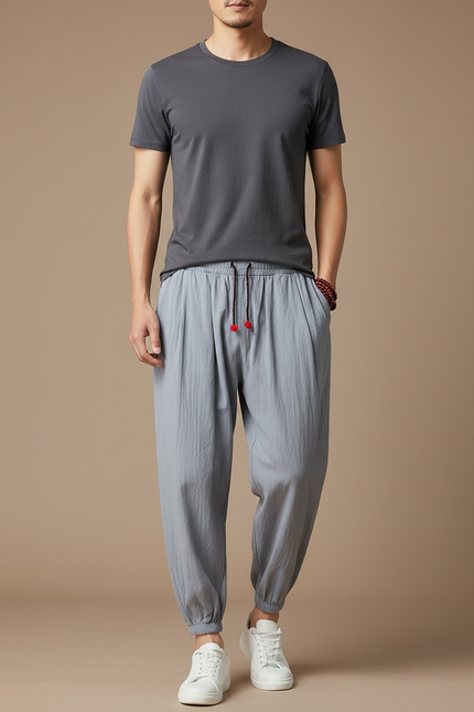 Pantalon Japonais Gris Ample Coton Lin Casual