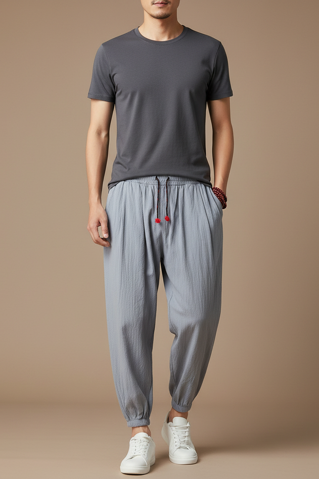 Pantalon Japonais Gris Ample Coton Lin Casual