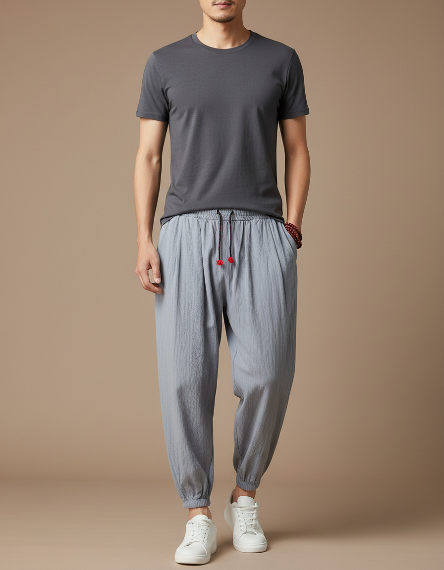 Pantalon Japonais Gris Ample Coton Lin Casual