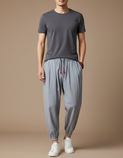 Pantalon Japonais Gris Ample Coton Lin Casual