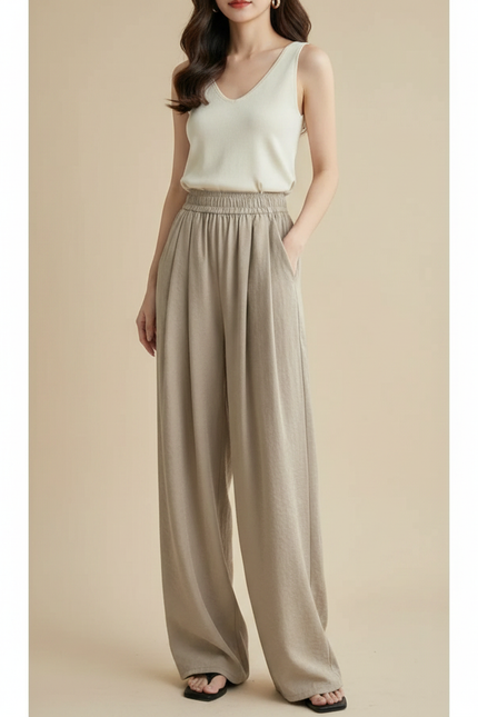 Pantalon Japonais Fluide Ample Beige Décontracté Femme - Lin