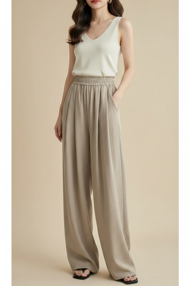 Pantalon Japonais Fluide Ample Beige Décontracté Femme - Lin