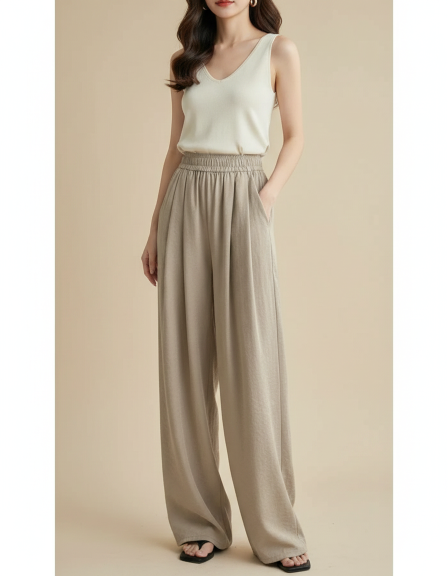 Pantalon Japonais Fluide Ample Beige Décontracté Femme - Lin