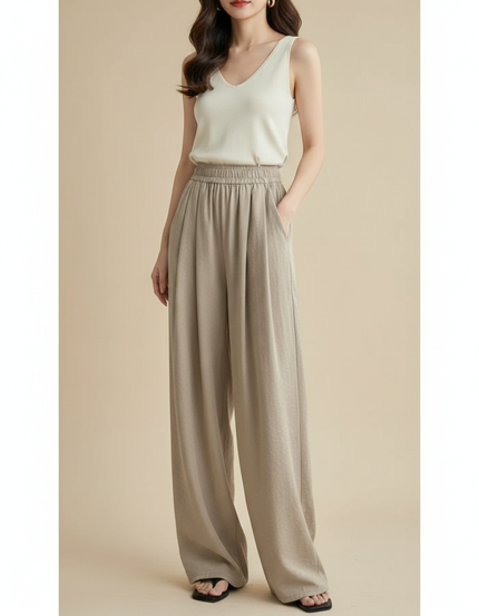Pantalon Japonais Fluide Ample Beige Décontracté Femme - Lin