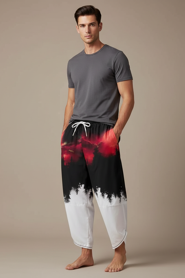 Pantalon Japonais Harem Ample Décontracté Imprimé Forêt Rouge - Multicolore Polyester