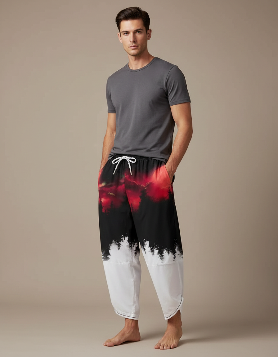 Pantalon Japonais Harem Ample Décontracté Imprimé Forêt Rouge - Multicolore Polyester