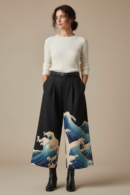 Pantalon Japonais Noir Ample Vagues Imprimées Fluide - Laine