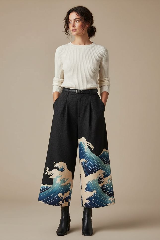 Pantalon Japonais Noir Ample Vagues Imprimées Fluide - Laine