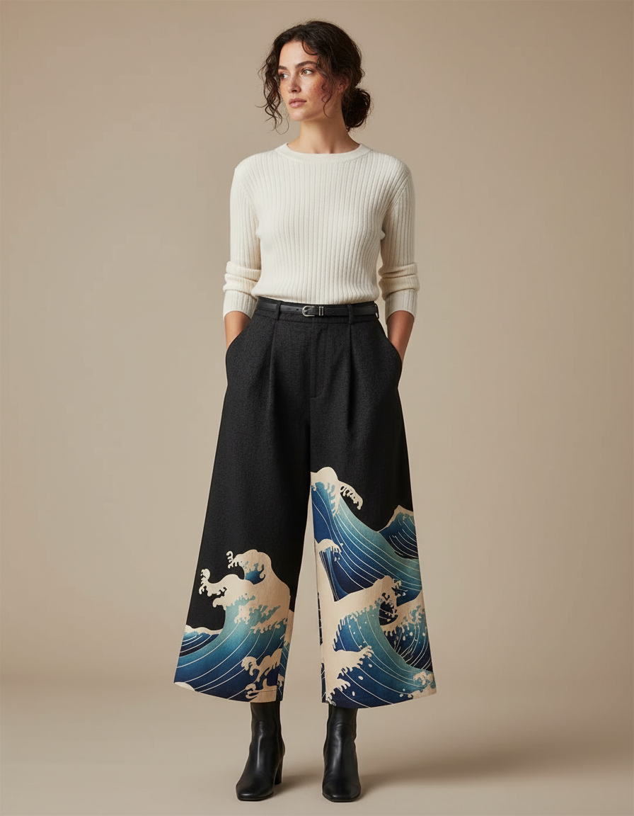 Pantalon Japonais Noir Ample Vagues Imprimées Fluide - Laine