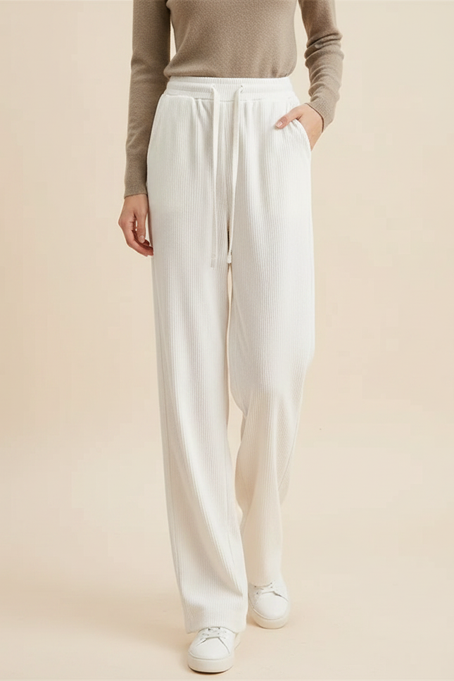 Pantalon Japonais Blanc Côtelé Ample Décontracté Cordon - Cordé