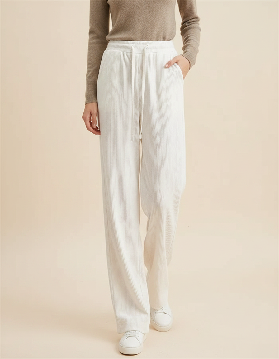 Pantalon Japonais Blanc Côtelé Ample Décontracté Cordon - Cordé